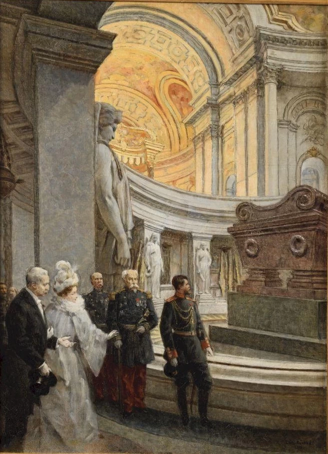 Lo zar Nicola II e la zarina Alexandra Fedorovna visitano la tomba di Napoleone a Les Invalides nel 1896